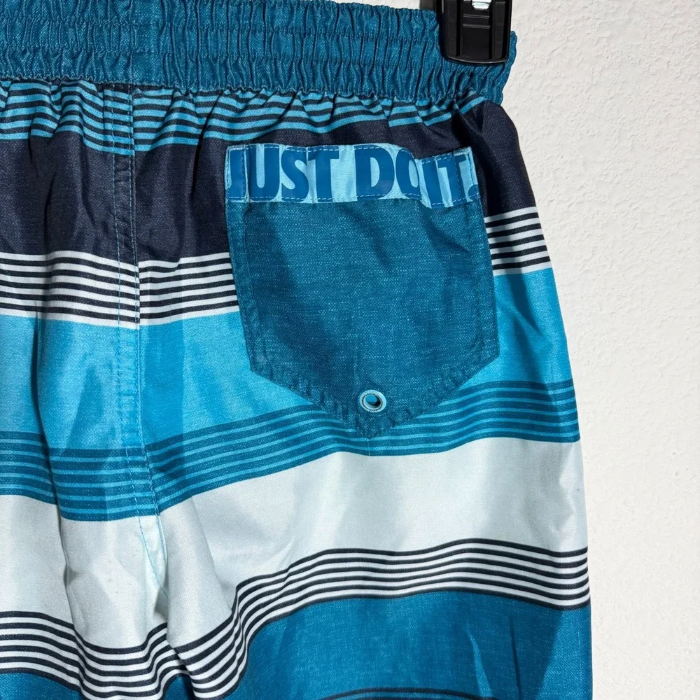 Nike Just‎ Do It Trunks Shorts Boys Teal Blue Striped Drawstring Beach Swimwear